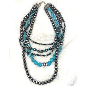 Faux Navajo Pearl & Blue Howlite Multi Strand necklace with Extender